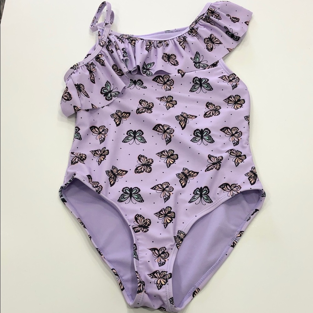 Girls One-Piece Swimsuit – Size 7/8 (Small) – Purple Butterfly Design